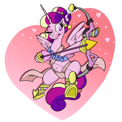 Size: 1140x1140 | Tagged: safe, artist:jargon scott, imported from derpibooru, princess cadance, alicorn, pony, alternate hairstyle, arrow, bedroom eyes, belly button, bow (weapon), bow and arrow, cupidance, dexterous hooves, ear piercing, earring, female, heart, heart arrow, heart background, hearts and hooves day, holiday, hoof hold, jewelry, mare, one eye closed, piercing, princess of love, simple background, solo, underhoof, valentine's day, weapon, white background