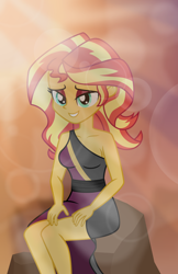 Size: 4944x7632 | Tagged: safe, artist:emeraldblast63, imported from derpibooru, sunset shimmer, human, equestria girls, bare shoulders, clothes, dress, rock, sitting, sleeveless, solo