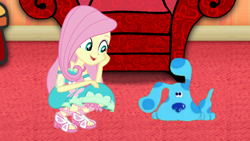 Size: 3264x1835 | Tagged: safe, artist:slimbran, edit, edited screencap, imported from derpibooru, screencap, fluttershy, dog, human, equestria girls, blue (character), blue's clues, crossover, fluttershy boho dress, geode of fauna, hand on cheek, looking at each other, looking at someone, magical geodes, nick jr., nickelodeon, thinking chair
