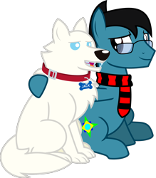 Size: 1396x1592 | Tagged: safe, artist:sketchmcreations, imported from derpibooru, oc, oc:sketch mythos, dog, earth pony, husky, pony, wolf, arm around neck, clothes, collar, dog collar, glasses, hoof around neck, male, pet, pet tag, scarf, simple background, sitting, smiling, stallion, striped scarf, transparent background