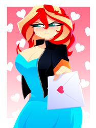 Size: 1500x2000 | Tagged: safe, artist:xan-gelx, imported from derpibooru, sunset shimmer, human, equestria girls, abstract background, blushing, breasts, busty sunset shimmer, cleavage, clothes, eye clipping through hair, eyebrows, eyebrows visible through hair, eyelashes, frown, holiday, letter, love letter, offscreen character, pov, simple background, sunset shimmer is not amused, tsundere, tsunset shimmer, unamused, valentine's day