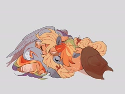 Size: 2048x1546 | Tagged: safe, artist:fruitofwinter, imported from derpibooru, applejack, rainbow dash, earth pony, pegasus, pony, appledash, applejack's hat, cowboy hat, cuddling, cute, dashabetes, female, hat, jackabetes, lesbian, lying down, lying on top of someone, shipping, simple background, sleeping