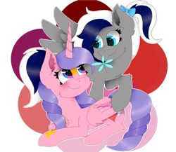Size: 1500x1300 | Tagged: safe, artist:kathepart, imported from derpibooru, oc, oc:hearty love, oc:sofia reds, alicorn, pegasus, blue eyes, blushing, couple, flower, hair bun, purple eyes, simple background, spread wings, transparent background, wings