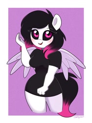 Size: 1500x2000 | Tagged: safe, artist:darkynez, imported from derpibooru, oc, oc only, anthro, black sclera, clothes, looking at you, shirt, smiling, solo, spread wings, wings