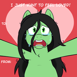 Size: 1500x1500 | Tagged: safe, artist:scraggleman, imported from derpibooru, oc, oc:anon-mare, earth pony, pony, bags under eyes, chest fluff, crying, hearts and hooves day, holiday, looking at you, sad, solo, valentine's day, valentine's day card
