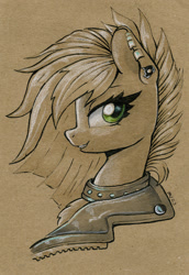 Size: 824x1200 | Tagged: safe, artist:maytee, imported from derpibooru, limestone pie, earth pony, pony, bust, choker, clothes, ear piercing, partial color, piercing, portrait, profile, smiling, solo, traditional art