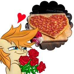 Size: 1000x1000 | Tagged: safe, artist:pizzamovies, imported from derpibooru, oc, oc only, oc:pizzamovies, earth pony, pony, bouquet of flowers, floating heart, flower, food, heart, male, pepperoni pizza, pizza, rose, simple background, smug, solo, stallion, thought bubble, transparent background