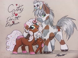 Size: 4080x3060 | Tagged: safe, artist:carty, artist:reekosukanku, imported from derpibooru, oc, oc:carty, oc:donut daydream, earth pony, pony, unicorn, baby, beautiful, bust, colored, colored pencil drawing, colt, cute, detailed, donut, family, female, filly, foal, food, gift art, kids, love, lovely, male, mare, portrait, simple background, size difference, sprinkles, stallion, traditional art
