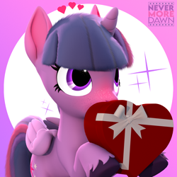 Size: 2160x2160 | Tagged: safe, imported from derpibooru, alicorn, pony, 3d, abstract background, blushing, colored hooves, ear blush, female, freckles, half body, heart, hiding, hiding behind object, holiday, horn, mare, present, short horn, simple background, solo, source filmmaker, twilight sparkle (alicorn), valentine's day