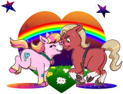 Size: 1840x1404 | Tagged: safe, artist:scorpio-gustavo, imported from derpibooru, sprout cloverleaf, oc, oc:malarkey, earth pony, pony, blushing, canon x oc, duo, g5, heart, male, nonbinary, ponysona, rainbow, shipping, simple background, stallion, transparent background