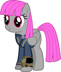 Size: 843x1000 | Tagged: safe, artist:ponygamer2020, imported from derpibooru, oc, oc only, oc:olivia, pegasus, pony, fallout equestria, absurd resolution, clothes, fallout, female, jumpsuit, mare, pegasus oc, pipboy, ponytail, simple background, smiling, solo, tail, transparent background, vault suit, vector, wings