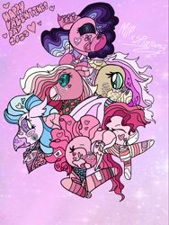 Size: 1620x2160 | Tagged: safe, artist:enperry88, imported from derpibooru, berry blend, berry bliss, bifröst, fuchsia frost, pinkie pie, silverstream, snips, classical hippogriff, earth pony, hippogriff, pegasus, pony, series:mlp x splatoon 3, bandage, bandaid, bow, clippings, clothes, cloud, collaboration, crossover, cute, decora, design, ear piercing, earring, eyes closed, food, friendship student, gritted teeth, hair bow, hairpin, happy, heart, holiday, hoodie, hoof down, jewelry, looking at you, love, piercing, pink background, pinkie pie is best facemaker, rain, raised hoof, rule 63, shirt, simple background, smiling, sticker, sugar, sweater, sweet, teeth, tongue out, undershirt, valentine's day, xoxo