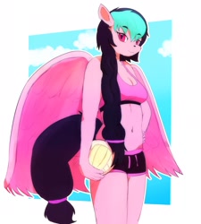 Size: 1755x1950 | Tagged: safe, artist:vague_ski3s, imported from derpibooru, oc, oc:galactic lights, anthro, pegasus, belly button, clothes, pegasus oc, shorts, sports, sports bra, volleyball, wings