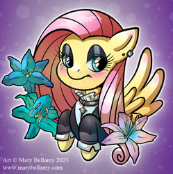 Size: 600x603 | Tagged: safe, artist:marybellamy, imported from derpibooru, fluttershy, pegasus, pony, blushing, clothes, dress, ear piercing, earring, eyeshadow, female, flower, fluttergoth, jewelry, makeup, mare, piercing, solo, watermark