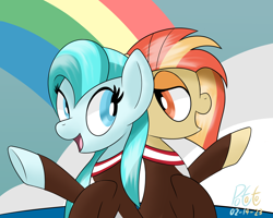 Size: 2500x2000 | Tagged: safe, artist:notadeliciouspotato, imported from derpibooru, lighthoof, shimmy shake, earth pony, pony, 2 4 6 greaaat, cheerleader, cheerleader outfit, clothes, duo, female, looking at each other, looking at someone, mare, open mouth, open smile, raised hoof, signature, smiling