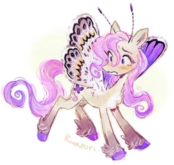 Size: 698x665 | Tagged: safe, artist:runkpori, imported from derpibooru, fluttershy, flutter pony, pony, blushing, butterfly wings, female, mare, race swap, redesign, simple background, solo, white background, winged hooves, wings