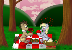 Size: 3166x2229 | Tagged: safe, artist:lynnthenerdkitty, imported from derpibooru, derpy hooves, doctor whooves, time turner, earth pony, pegasus, pony, basket, blushing, commission, doctorderpy, female, floating heart, flower, glass, heart, holiday, male, mare, picnic basket, picnic blanket, shipping, stallion, straight, tree, valentine's day, wine glass