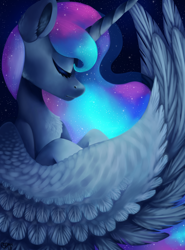 Size: 2224x3002 | Tagged: safe, artist:spindlespice, imported from derpibooru, princess luna, alicorn, pony, eyes closed, female, mare, solo