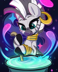Size: 1638x2048 | Tagged: safe, artist:spindlespice, imported from derpibooru, zecora, zebra, bracelet, cauldron, cute, ear piercing, earring, female, jewelry, mare, neck rings, piercing, potion, potion making, smiling, solo, zecorable
