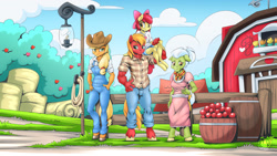 Size: 1920x1080 | Tagged: safe, artist:mysticalpha, imported from derpibooru, apple bloom, applejack, big macintosh, granny smith, anthro, earth pony, unguligrade anthro, apple, apple family, apple siblings, apple sisters, barn, barrel, brother and sister, clothes, food, hay bale, lantern, overalls, plaid shirt, shirt, shoulder carry, shoulder ride, siblings, signature, sisters, sweet apple acres