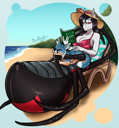 Size: 3758x4044 | Tagged: safe, artist:blackblood-queen, imported from derpibooru, oc, oc only, oc:charlotte silk, anthro, drider, fox, monster pony, original species, spiderpony, anthro oc, beach, beach hat, big breasts, bikini, bikini top, book, breasts, busty oc, clothes, commission, digital art, eyebrows, female, hat, high res, lying down, mare, on back, reading, relaxing, sand, smiling, swimsuit, water