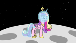 Size: 1920x1080 | Tagged: safe, artist:platinumdrop, imported from derpibooru, princess cadance, alicorn, pony, cadance's crown on top of helmet, crown, female, folded wings, helmet, hoof shoes, jewelry, mare, moon, on the moon, regalia, request, solo, space, space helmet, tail helmet, tiara, wings