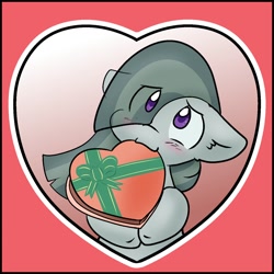 Size: 1400x1400 | Tagged: safe, artist:zutcha, imported from derpibooru, marble pie, earth pony, pony, :3, blushing, box of chocolates, bust, cute, eye clipping through hair, female, floppy ears, gradient background, heart, holiday, marblebetes, mare, mouth hold, solo, valentine's day