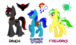 Size: 1280x768 | Tagged: safe, artist:sinclair2013, imported from derpibooru, oc, oc only, oc:fireworks, oc:raven, oc:summer storm, earth pony, pegasus, pony, unicorn, collar, female, male, mare, nudity, sheath, simple background, stallion, transparent background