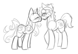 Size: 1000x700 | Tagged: safe, artist:sinclair2013, imported from derpibooru, oc, oc only, earth pony, pony, unicorn, female, imminent kissing, male, mare, monochrome, nudity, sheath, shipping, simple background, sketch, stallion, straight, white background