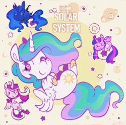 Size: 2449x2417 | Tagged: safe, artist:urbanqhoul, imported from derpibooru, princess cadance, princess celestia, princess luna, twilight sparkle, alicorn, pony, :<, :o, alicorn tetrarchy, chibi, cute, cutedance, cutelestia, earth, female, frown, group, looking at you, lunabetes, mare, moon, open mouth, quartet, smiling, smiling at you, stars, twiabetes, twilight sparkle (alicorn)