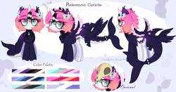 Size: 3804x1998 | Tagged: safe, artist:2pandita, imported from derpibooru, oc, oc only, oc:ceviche, alicorn, original species, pony, shark, shark pony, alicorn oc, butt wings, donut steel, ear fluff, female, freckles, glowing cutie mark, horn, makeup, reference sheet, running makeup, skull, solo, tail wings, wingding eyes, wings