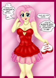 Size: 1280x1761 | Tagged: safe, artist:lennondash, imported from derpibooru, fluttershy, human, equestria girls, blushing, box of chocolates, breasts, busty fluttershy, cleavage, clothes, dialogue, dress, female, holiday, red dress, solo, speech bubble, talking to viewer, valentine's day