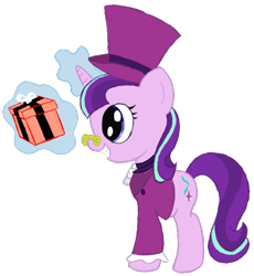 Size: 601x654 | Tagged: safe, artist:scootaloormayfly, imported from derpibooru, snowfall frost, starlight glimmer, pony, unicorn, clothes, glasses, glowing, glowing horn, happy, hat, horn, magic, magic aura, present, simple background, smiling, solo, telekinesis, top hat, transparent background