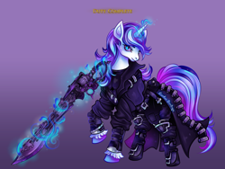 Size: 4000x3000 | Tagged: safe, artist:lianhuastardrops, imported from derpibooru, part of a set, shining armor, unicorn, clothes, commission, cosplay, costume, crossover, fantasy class, final fantasy, final fantasy xiv, gradient background, gunblade, gunbreaker, magic, male, solo, solo focus, stallion, telekinesis, weapon