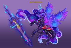 Size: 4000x2718 | Tagged: safe, artist:lianhuastardrops, imported from derpibooru, part of a set, princess luna, alicorn, armor, clothes, commission, cosplay, costume, crossover, dark knight, fantasy class, female, final fantasy, final fantasy xiv, gradient background, magic, mare, rearing, solo, solo focus, sword, telekinesis, weapon