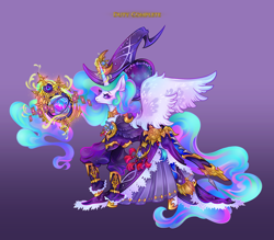 Size: 4000x3500 | Tagged: safe, artist:lianhuastardrops, imported from derpibooru, part of a set, princess celestia, alicorn, astrologian, clothes, commission, cosplay, costume, crossover, fantasy class, female, final fantasy, final fantasy xiv, gradient background, magic, mare, planisphere, solo, solo focus, tarot card, telekinesis