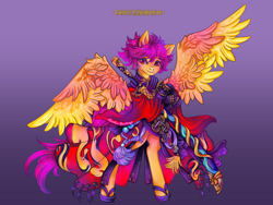 Size: 4032x3024 | Tagged: safe, artist:lianhuastardrops, imported from derpibooru, part of a set, scootaloo, pegasus, bipedal, bipedal leaning, clothes, commission, cosplay, costume, crossover, fantasy class, female, final fantasy, final fantasy xiv, gradient background, katana, leaning, mare, older, older scootaloo, samurai, sandals, solo, sword, weapon