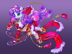 Size: 4032x3024 | Tagged: safe, artist:lianhuastardrops, imported from derpibooru, part of a set, sweetie belle, unicorn, chakram, clothes, commission, cosplay, costume, crossover, dancer, fantasy class, female, final fantasy, final fantasy xiv, gradient background, heels on a horse, mare, older, older sweetie belle, prancing, solo, solo focus, weapon