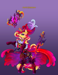 Size: 3100x4000 | Tagged: safe, artist:lianhuastardrops, imported from derpibooru, part of a set, sunset shimmer, unicorn, clothes, commission, cosplay, costume, crossover, fantasy class, female, final fantasy, final fantasy xiv, gradient background, magic, mare, rapier, rearing, red mage, solo, solo focus, sword, telekinesis, weapon