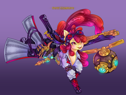 Size: 4032x3024 | Tagged: safe, artist:lianhuastardrops, imported from derpibooru, part of a set, apple bloom, clothes, commission, cosplay, costume, crossover, fantasy class, female, final fantasy, final fantasy xiv, gradient background, gun, machinist, mare, older, older apple bloom, solo, solo focus, weapon