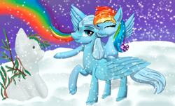 Size: 3400x2050 | Tagged: safe, imported from derpibooru, rainbow dash, oc, pony, canon x oc, commission, rainbow trail, romantic, snow, snowfall, snowmare