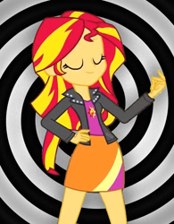 Size: 436x558 | Tagged: safe, artist:pacoo777yuyu, imported from derpibooru, sunset shimmer, human, equestria girls, clothes, cute, eyebrows, eyes closed, female, finger snap, hand on hip, hypnosis, hypnotist, jacket, leather, leather jacket, shimmerbetes, smiling, snap, solo, spiral, sunset