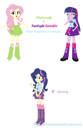 Size: 792x1218 | Tagged: safe, artist:prettycelestia, imported from derpibooru, fluttershy, twilight sparkle, oc, oc:sparkleshy, equestria girls, boots, bowtie, clothes, eyeshadow, fusion, fusion:fluttershy, fusion:twilight sparkle, fusion:twishy, high heel boots, makeup, multiple arms, school uniform, shoes, simple background, striped mane, white background