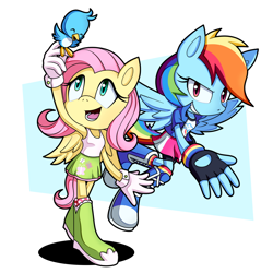 Size: 1280x1278 | Tagged: safe, artist:heytherebabu, imported from derpibooru, fluttershy, rainbow dash, anthro, bird, pegasus, armpits, arms in the air, boots, clothes, duo, duo female, equestria girls outfit, female, hands in the air, high heel boots, looking at you, mobian, open mouth, shirt, shoes, sleeveless, sleeveless shirt, sonic the hedgehog (series), sonicified, style emulation, tanktop
