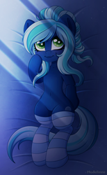 Size: 2000x3243 | Tagged: safe, artist:madelinne, imported from derpibooru, oc, oc only, pegasus, pony, bed, clothes, socks, solo, striped socks