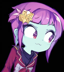 Size: 512x576 | Tagged: safe, editor:luckreza8, imported from derpibooru, sunny flare, human, equestria girls, :3, ai content, ai generated, anime, black background, female, generator:pinegraph, simple background, solo