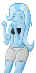 Size: 1394x2802 | Tagged: safe, artist:happyb0y95, imported from derpibooru, trixie, human, equestria girls, clothes, cute, dancing, diatrixes, eyes closed, female, long hair, midriff, simple background, solo, white background