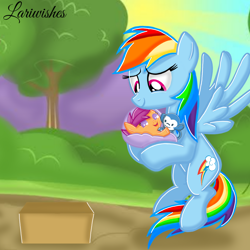 Size: 1400x1400 | Tagged: safe, artist:mlplary6, imported from derpibooru, rainbow dash, scootaloo, pegasus, pony, adopted offspring, adoption, baby, baby pony, baby scootaloo, box, carrying, female, filly, flying, foal, mare, momma dash, parent:rainbow dash, scootadoption, scootalove, smiling, smiling at someone, toy, younger