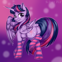 Size: 2000x2000 | Tagged: safe, artist:silverfir, imported from derpibooru, twilight sparkle, alicorn, pony, backwards cutie mark, butt, clothes, crossed legs, cute, dock, looking at you, looking back, looking back at you, one wing out, plot, raised hoof, socks, solo, striped socks, tail, tail aside, twibutt, twilight sparkle (alicorn), underhoof, wings