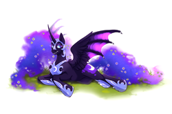 Size: 3380x2237 | Tagged: safe, artist:djkaskan, imported from derpibooru, nightmare moon, alicorn, pony, colored eyebrows, colored eyelashes, fangs, female, flower, flower in hair, high res, hybrid wings, lying down, mare, on side, simple background, solo, spread wings, white background, wings